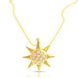 Front view of the 14K gold sun pendant necklace with round white diamonds