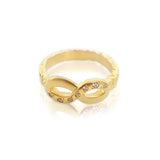 Front view of the 14K gold infinity ring with diamonds set into the infinity symbol