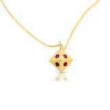 Front view of the 14K gold octagon necklace with rubies set into the octagonal pendant