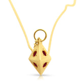 Side view of the 14K gold octagon necklace showing depth and ruby placement in the pendant