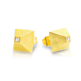 14K gold pyramid earrings featuring white diamonds, side angle view