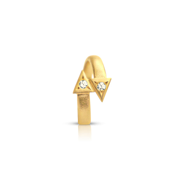 Top-down view of the 14K Gold Double Arrow Aura Ring, highlighting the symmetrical arrowhead points with white diamonds.