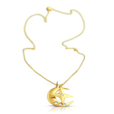 Magical Star & Lighting Moon Necklace front view – 14K gold crescent moon with three white diamonds and gold star pendant with single diamond